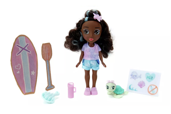 Turquoise Ann comes with a play paddle and paddle board, water bottle and brush. Decorate her pet turtle Kelli Shelli with the included stickers. #BeKindDolls