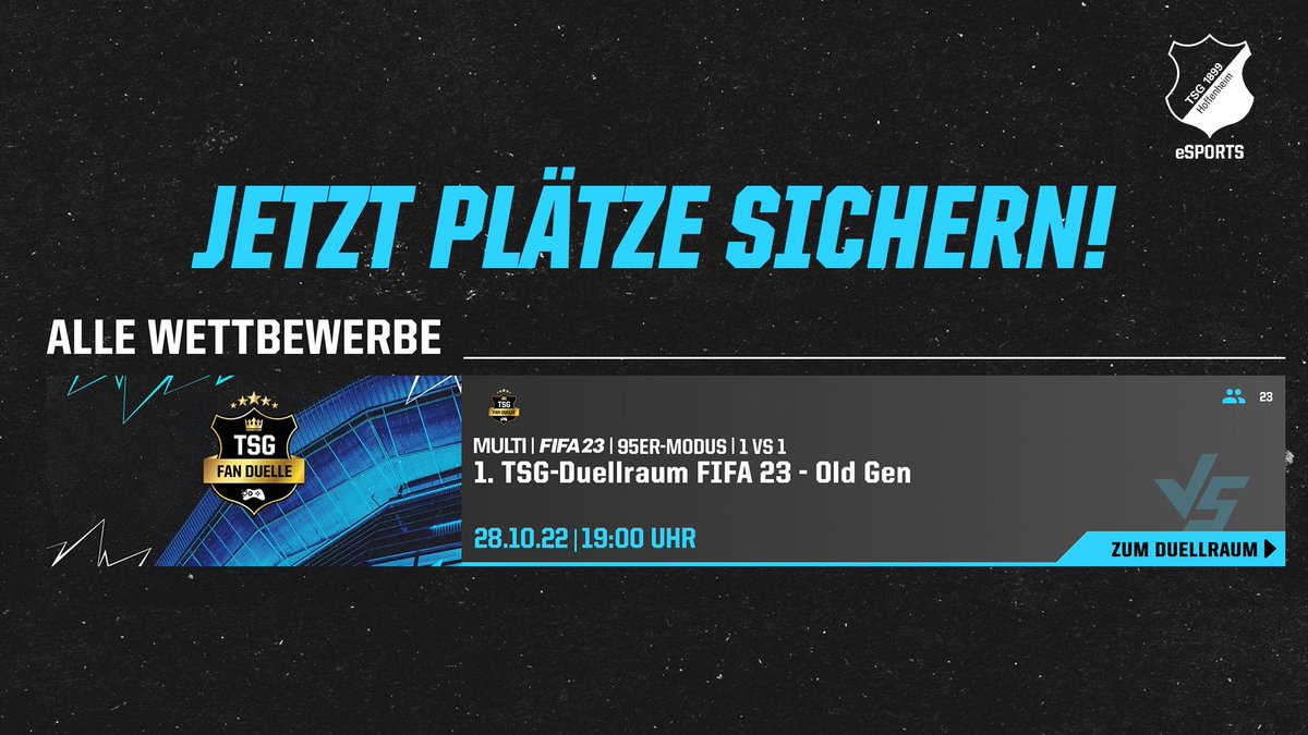Wir suchen ab kommenden Freitag die eSPORTLER von morgen!💥

Der Sieger/in qualifiziert sich direkt für das Offline-Finale des #TSGeChampion im Sommer 2023.

✍️Jetzt anmelden: bit.ly/3N4yGh5

#TSGeSPORTS #TSGFanDuelle #RoadToTSGeChampion