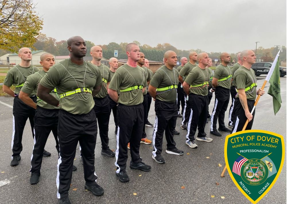 DoverDEPolice's tweet photo. Week 3 is underway for the Dover Municipal Police Academy #DPDclass4. To end day yesterday, the recruits ran 3.5 miles and practiced some drill and ceremony. https://t.co/S4ESvBGYHa