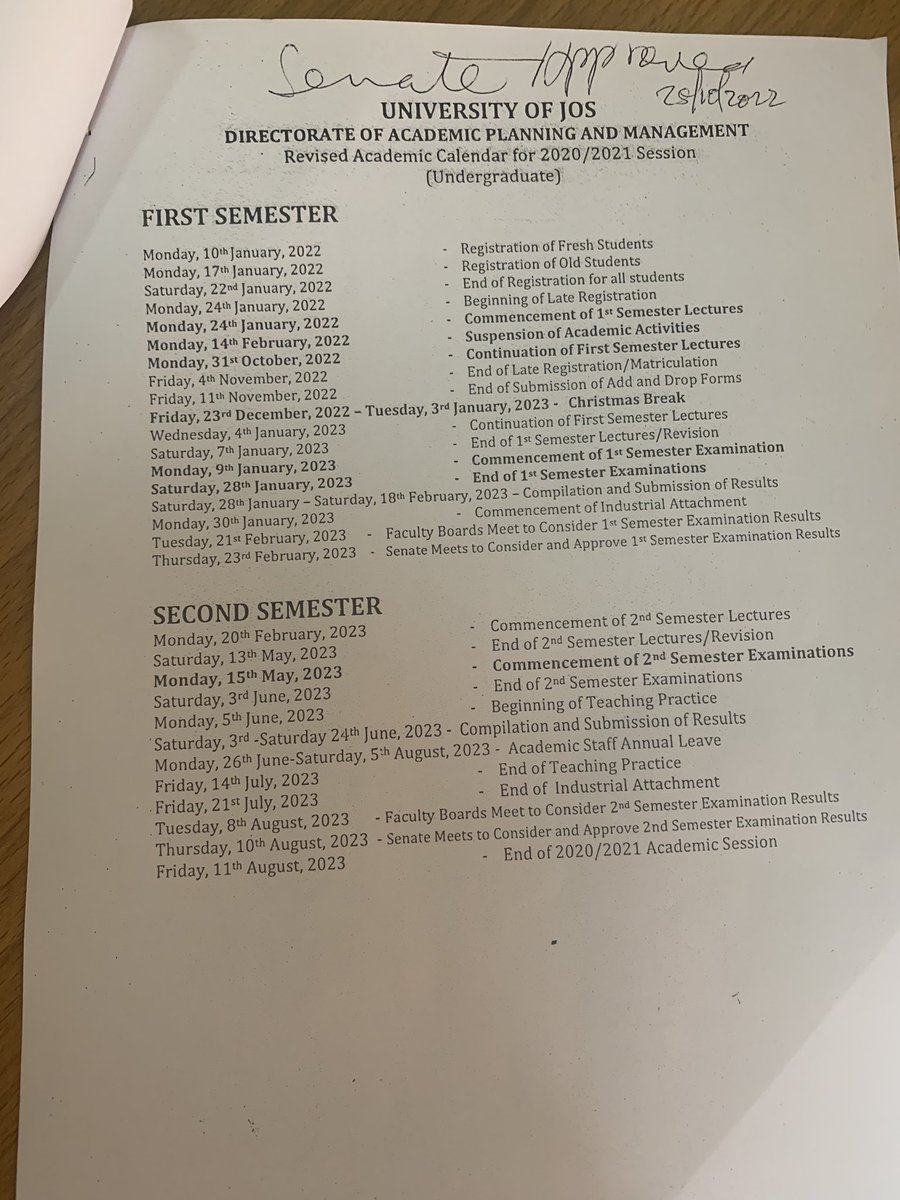 JoshuaAdankala's tweet photo. Senate approved Academic Calendar for undergraduates. https://t.co/jIojc2tDoR