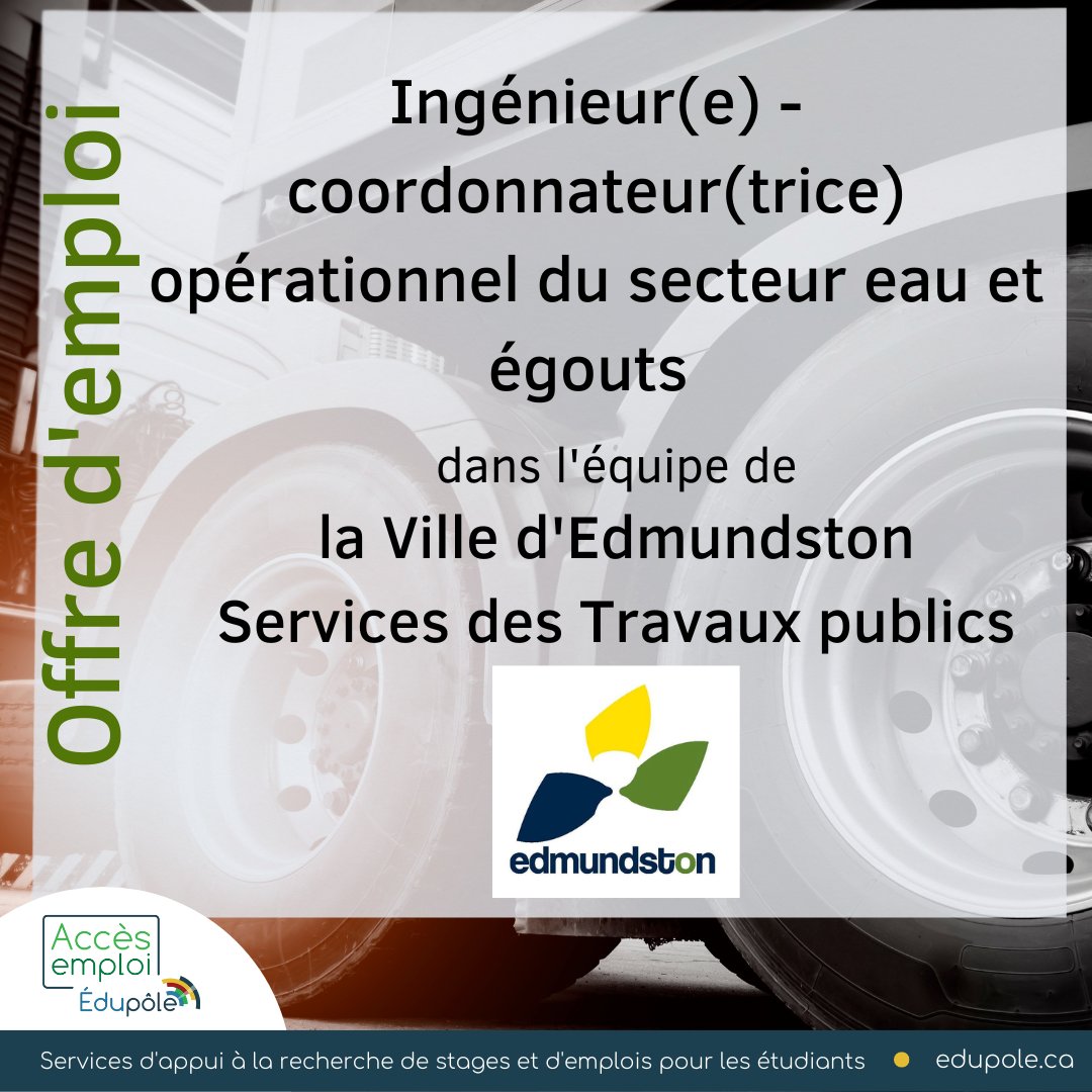 [Offre d'emploi]
Ingénieur(e) - coordonnateur(trice) opérationnel du secteur eau et égouts
Ville d'Edmundston
Pour info ou postuler: bit.ly/3zcL3BY