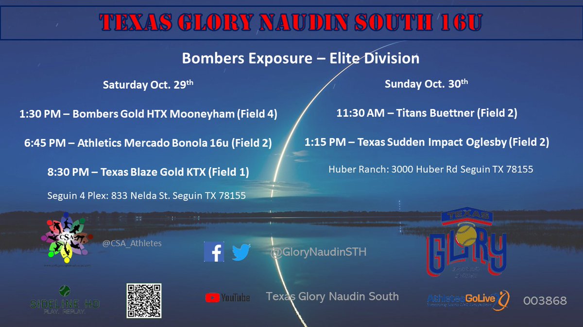 Check us out at the Bombers Exposure - Elite Division in Seguin TX. If you can't make it you can stream it on @sidelinehd @ednaudin @CSA_Athletes @CoachJonErik @Mike_P_Zimmer @barrett_brent @castillaJaime5 #TGN #TexasGlory #TeamCSA #Softball #Uncommited