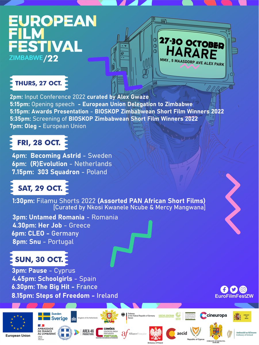 European Film Festival Continuation* The European Film Festival will continue on the 27th to the 3th October in Harare at the MMX, No. 5 Maasdor Ave, Alex Park Harare programme. #eurofilmfestzw -