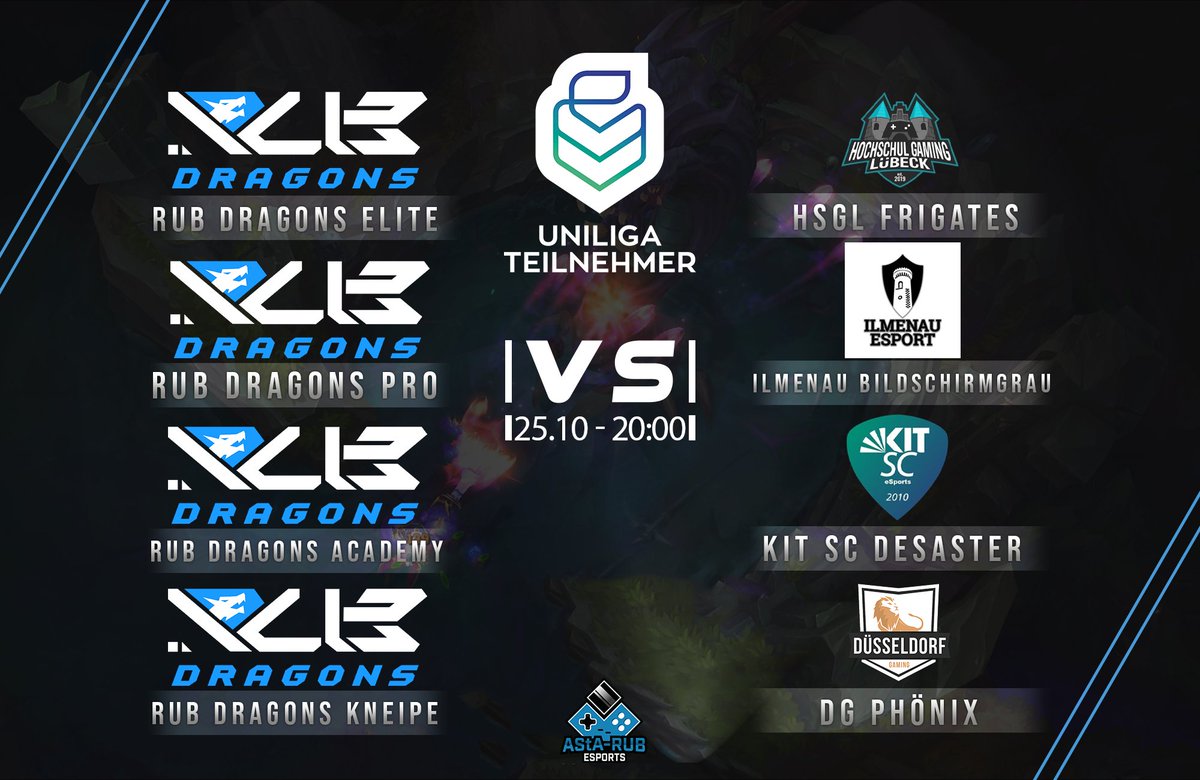 Erster Spieltag in der <a href="/uniligaGG/">Uniliga</a> unserer Dragons mit den Matches:

R/UB Dragons Elite vs <a href="/HsGamingLuebeck/">HochschulGamingLübeck</a>  Frigates 
R/UB Dragons Pro vs <a href="/IlmenaueSport/">Ilmenau eSport</a>  Bildschirmgrau
R/UB Dragons Academy vs <a href="/kitscesports/">KIT SC eSports</a> Desaster
R/UB Dragons Kneipe vs <a href="/ddorf_gaming/">Düsseldorf Gaming</a>  Phoenix

Start: 20.00 Uhr