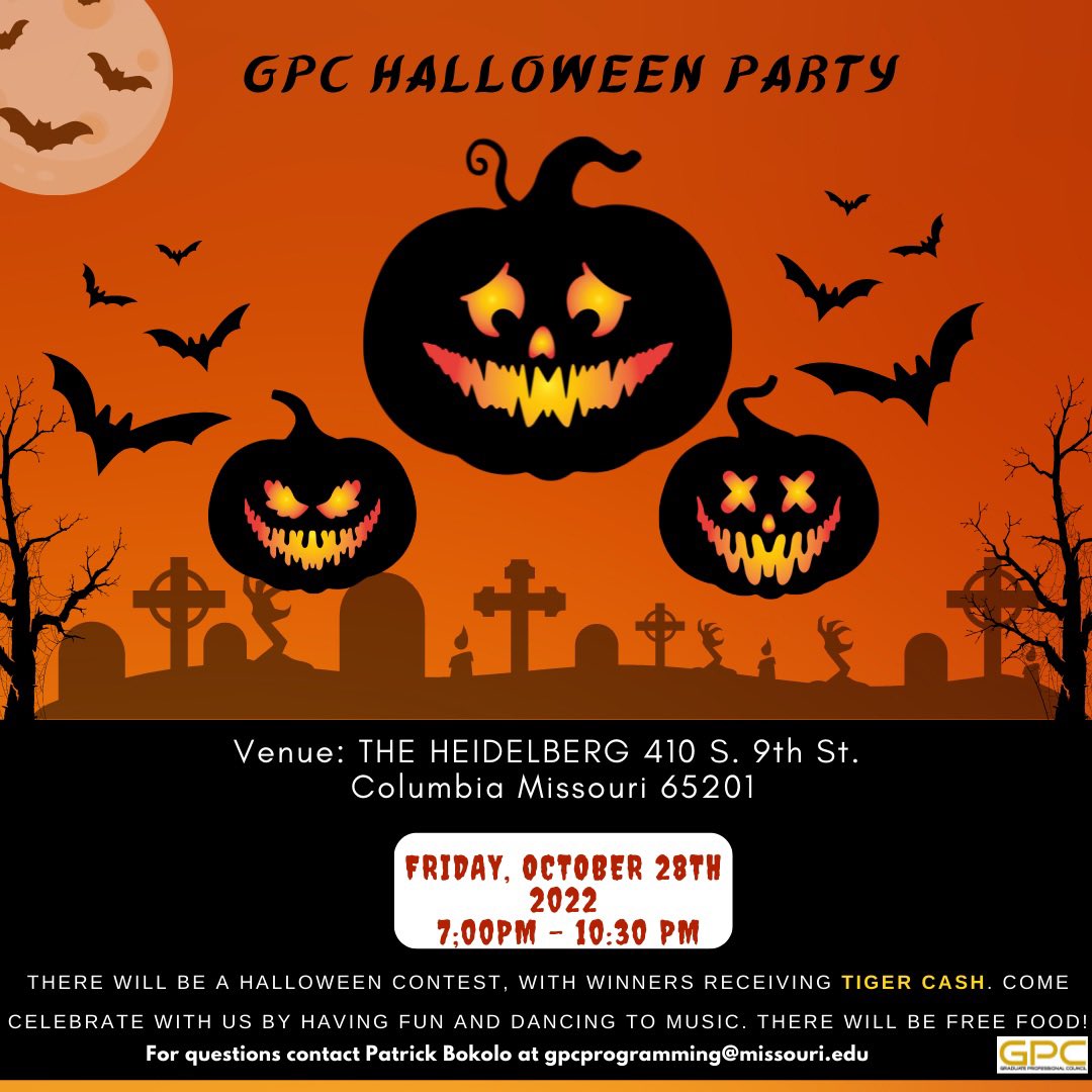 Mizzou_GPC's tweet image. Get ready for GPC 2022 Halloween contest this Friday October 28 from 7:pm- 10:30pm at Heidelberg. There will be lots of prizes to win . Invite others. See flyer for full details.