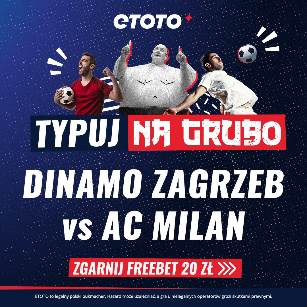 ⚠️ 𝐑𝐎𝐙𝐃𝐀𝐉𝐄𝐌𝐘 𝐅𝐑𝐄𝐄𝐁𝐄𝐓𝐘 ⚠️

1️⃣ Wytypuj wynik meczu Dinamo Zagrzeb - AC Milan
2️⃣ Podaj swój login do ETOTO
3️⃣ Daj retweet i obserwuj <a href="/etotopl/">ETOTO</a>

Każda poprawna odpowiedź zgarnia 20 zł. Jedna osoba = jeden typ. Typujemy do 21:00.