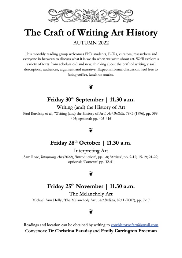 THIS FRIDAY! The second edition of The Craft of Writing Art History has come around so fast! Join me and the fab <a href="/cjfaraday/">Dr Christina J Faraday</a> in central London to discuss another fascinating text and meet other HoA enthusiasts. For full details email: cowhistoryofart [at] gmail [dot] com 📚🐄