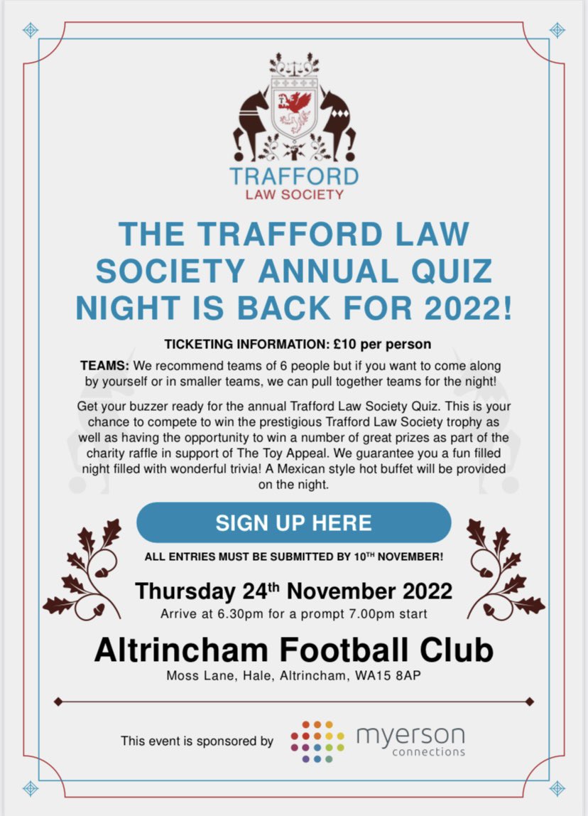 We are so excited that the <a href="/traffordlawsoc/">Trafford Law Society</a> annual quiz is back!! Get your tickets for what is sure to be another fantastic night! Thanks to our sponsors @myersonllp for helping to support this night. We are also raising fund for <a href="/thetoyappeal/">The Toy Appeal</a> this year!