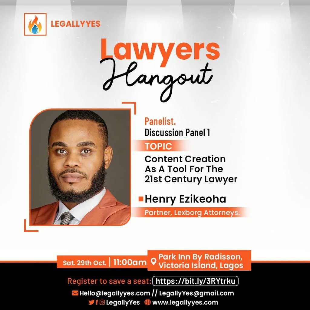Lexborgattor's tweet photo. Our partner @henreechestnut will be speaking alongside other worthy and brilliant speakers at the inaugural Lawyers hangout in Nigeria organized by Legally Yes scheduled for the 29th of October at Park Inn by Radisson Hotel, V.I https://t.co/oFYBdBOYXK