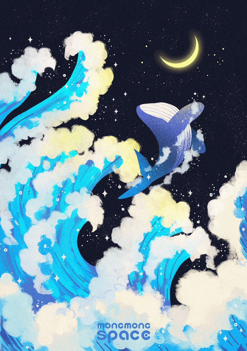 no humans artist name waves moon sky crescent moon cloud  illustration images