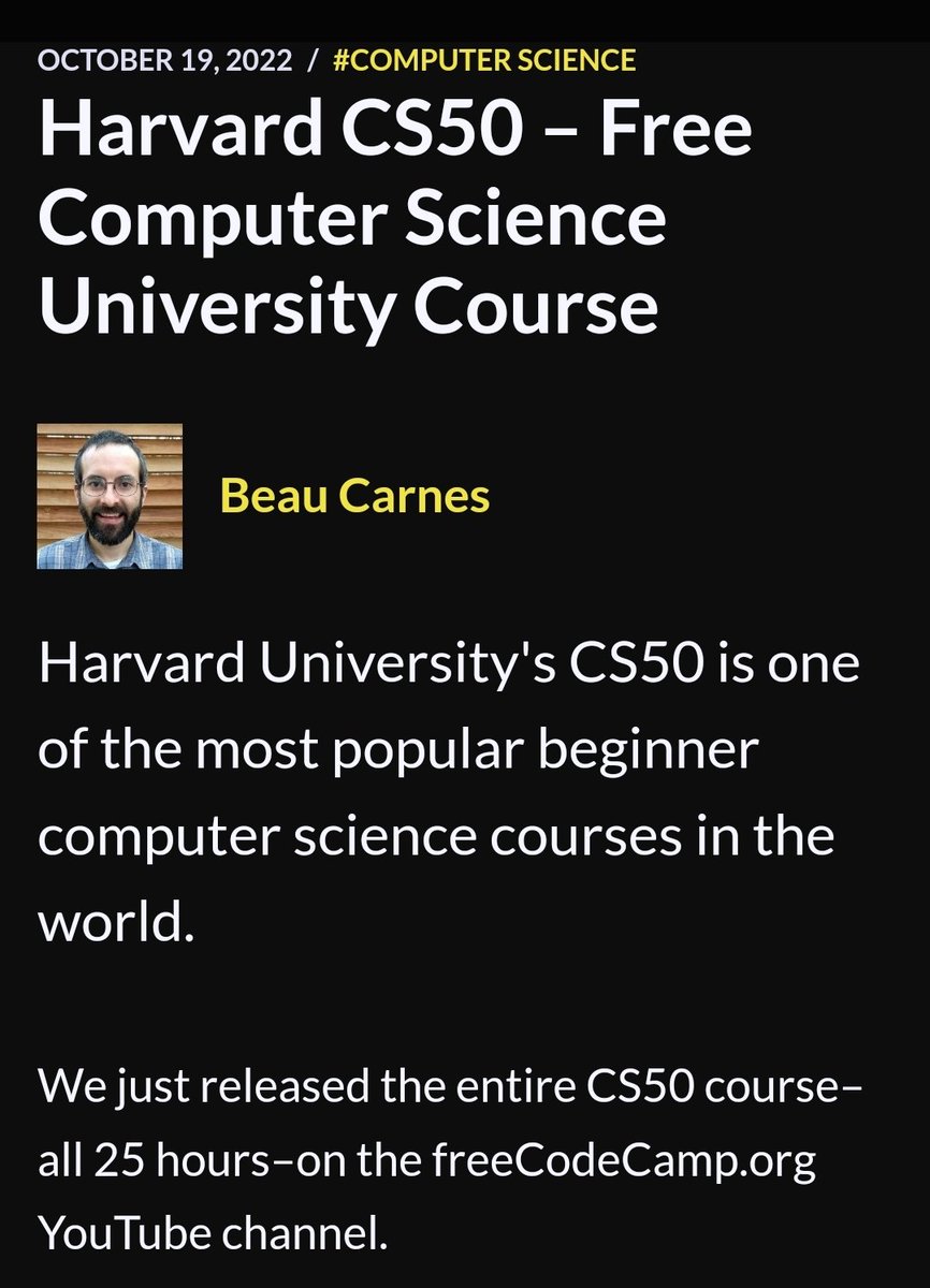 senthazalravi's tweet image. ஹார்வர்ட் பல்கலைக்கழகத்தில் படிப்பது எப்படியான Career Boost. 

25 மணி நேர கல்வியை இலவசமாகவே கொடுத்துவிட்டார்கள். 

எந்த தயக்கமும் இல்லாமல் உடனே இறங்கவும். அதில் இருக்கும் பயிற்சிகள் செய்யவும். வேலை உறுதி !!!!
 freecodecamp.org/news/harvard-c…