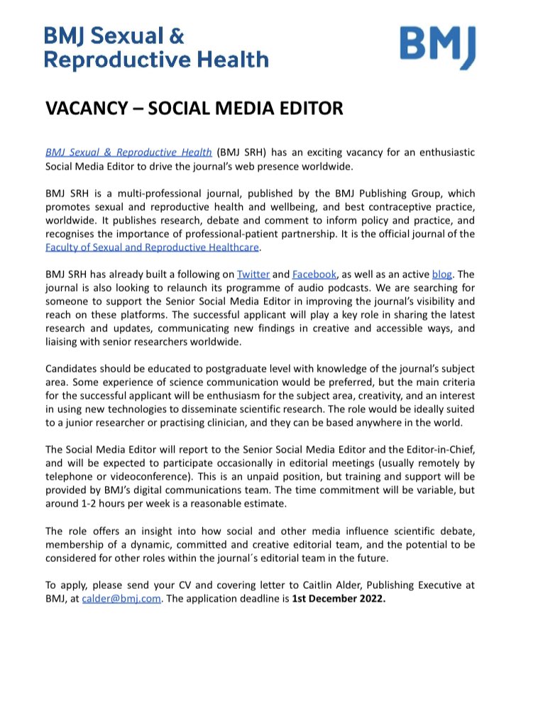 Sophie Bracke (@drsophiebracke) on Twitter photo ** Very exciting opportunity to join the editorial team at the BMJ Journal of Sexual and Reproductive Health <a href="/BMJ_SRH/">BMJ Sexual & Reproductive Health</a> ** Applications open to researchers and clinicians of any seniority. More info in thread ⬇️ ** Very exciting opportunity to join the editorial team at the BMJ Journal of Sexual and Reproductive Health <a href="/BMJ_SRH/">BMJ Sexual & Reproductive Health</a> ** Applications open to researchers and clinicians of any seniority. More info in thread ⬇️