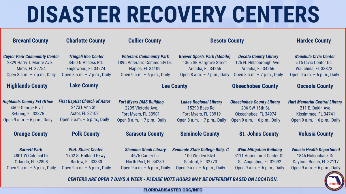 We have 18 Disaster Recovery Centers (DRCs) open to provide resources &amp; info about recovery programs &amp; disaster assistance to #HurricaneIan survivors.

⬇️These centers are open 7 days a week. Please note times based on location.

For info &amp; DRC openings - FloridaDisaster.org/Info