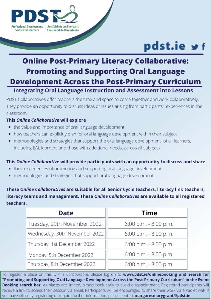 The PDST literacy team invites all SC teachers, literacy link teachers, literacy teams, and management to our upcoming Post-Primary Literacy Collaborative 'Promoting and Supporting Oral Language Development Across the Post-Primary Curriculum'. 👉🔗buff.ly/3TxHAX6