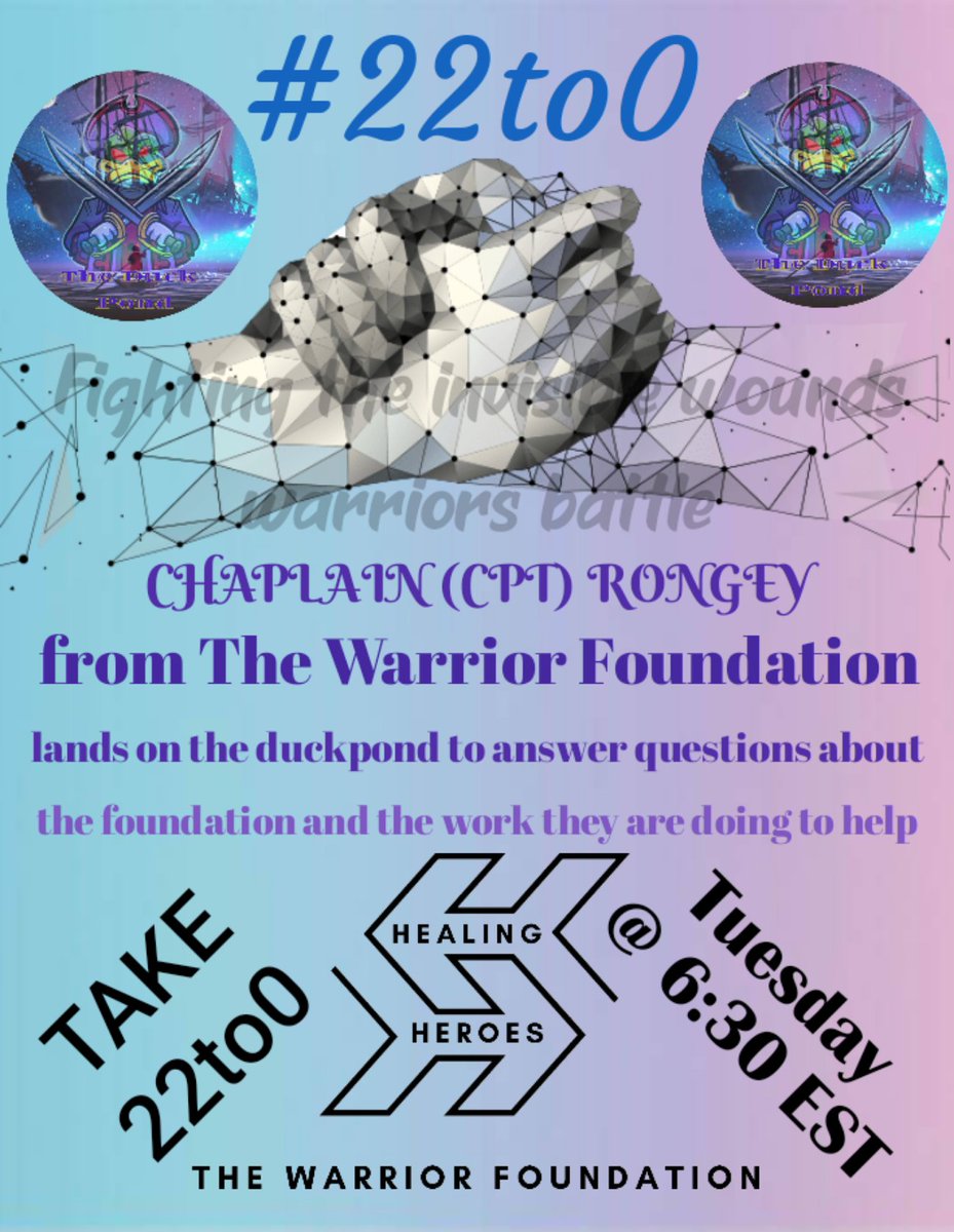 LETS TALK ABOUT IT x.com/i/spaces/1jMJg…
⬆️Save the space⬆️

🦆Tonight on the Dockpond

💥Q &amp; A with The Warrior Foundation, one of the organizations we will be donating to from our 1 year anniversary fundraiser.
#22to0
#Veterans 
#PTSD 
#MentalHealthMatters