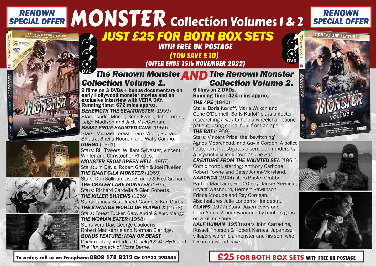 Renown_Pictures's tweet photo. Halloween's nearly here and so are the 'Creature Features' in our monstrously good offer - The Renown MONSTER COLLECTION Vol 1 AND Vol 2!!  2 x Box Sets for £25 and FREE UK P&amp;P! 15 films + bonus extras!!! Offer ends 15-Nov-22 or while stocks last! https://t.co/rfa32PbkTx https://t.co/b3UPmUol2C