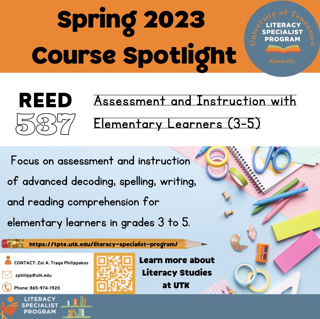 utkLiteracy's tweet photo. The University of Tennessee is offering multiple sections of REED 537 to fit into your Spring 2023 schedule.

Contact zphilipp@utk.edu for more information about Literacy Specialist course offerings. https://t.co/6Lh5qGUmws