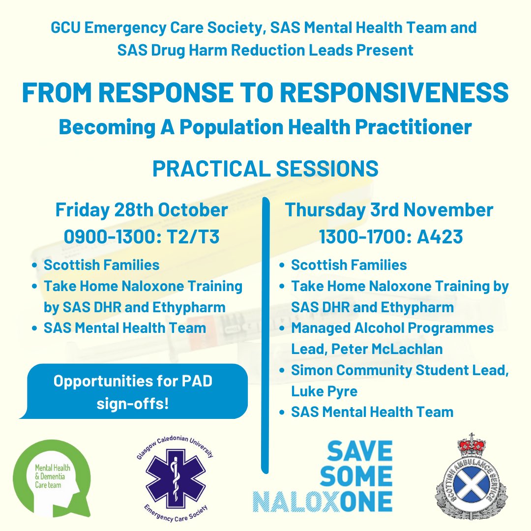 GCU_ECS's tweet photo. 🚨Change of Time🚨

The times of our in-person sessions for From Response to Responsiveness with @SASMHteam and @HarmLeads have changed slightly!

⏰ Fri 28/10, 0900-1300, T2/T3

⏰ Thurs 3/11, 1300-1700, A423

All healthcare students, @Scotambservice employees and HCPs welcome! https://t.co/GDkLK8fHyo