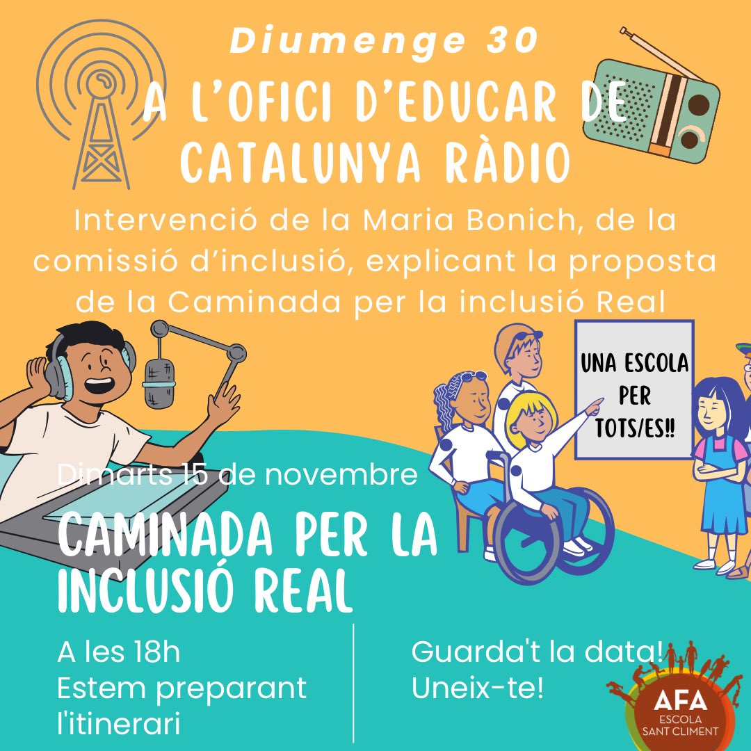 Ampaesc's tweet photo. 👩🏼‍🦽🚶CAMINADA PER LA INCLUSIÓ🚶 🚶🏿‍♂️

📅 Diumenge 30 al matí, la @BonichMaria , de la nostra comissió d’inclusió, explicarà el perquè de la proposta de la 🚶‍♀️CAMINADA PER LA INCLUSIÓ🧑🏻‍🦽
📣Ho farà a l’espai de l’Ofici d’Educar de Catalunya ràdio 📻 https://t.co/G8D20OUG9e