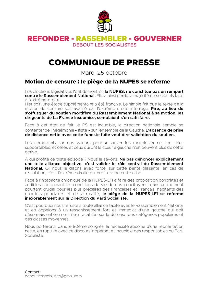 HeleneGeoffroy's tweet image. Motion de censure : le piège de la #NUPES se referme.
Nous refusons toute alliance tacite avec le #RN et en appelons à un ressaisissement fort et immédiat d’une gauche qui doit désormais entièrement être focalisée sur la défense des catégories populaires et
des classes moyennes.