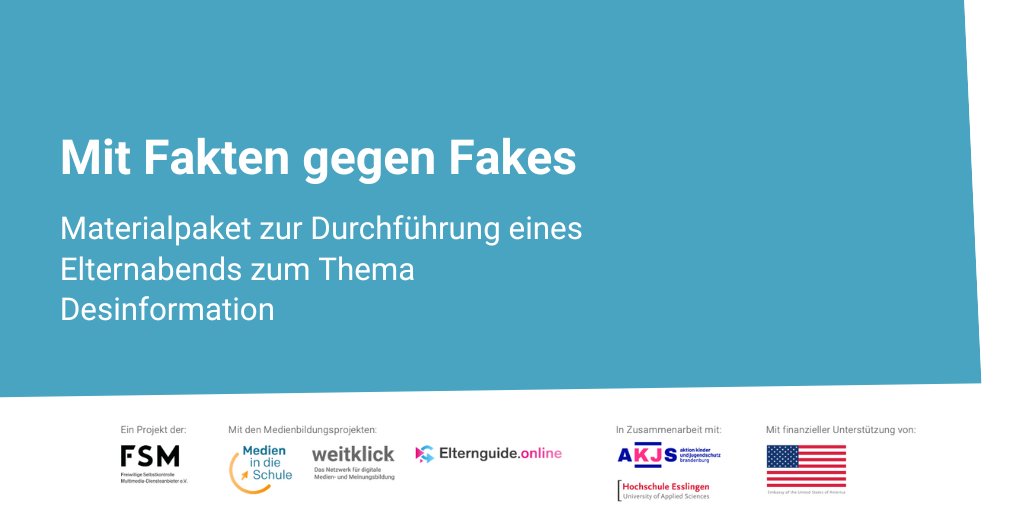 FSM_de's tweet photo. Unterstützung für Eltern: Im Materialpaket "Mit Fakten gegen Fakes" finden Lehrkräfte ein Handout für Eltern mit den wichtigsten Infos zu #Desinformation und praktischen Linktipps ➡️ https://t.co/xEQY2PxmHL
Padlet: https://t.co/bjrGQkReAV
#twlz #Medienbildung #EUMLWeek2022 https://t.co/3Ae33bBPnI