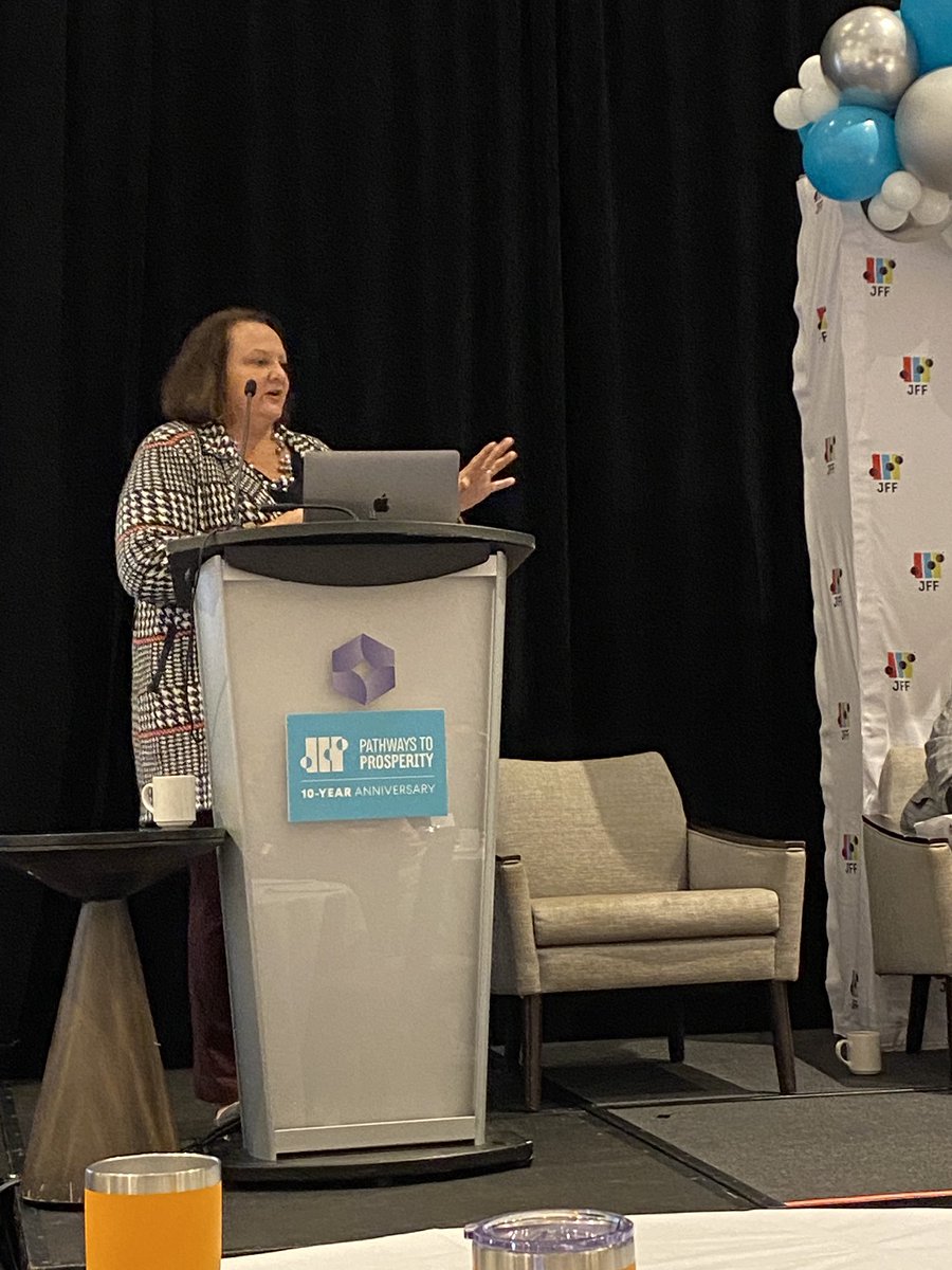 SarahJFF's tweet photo. Kicking off #PoP10Years with JFF CEO @MariaKFlynn! Reflecting that our PtoP network brings together states and regions from all across the country and despite partisan divides, college and career pathways are a strategy that democrats and republicans both support. @jfftweets https://t.co/9gnCrYEfeC