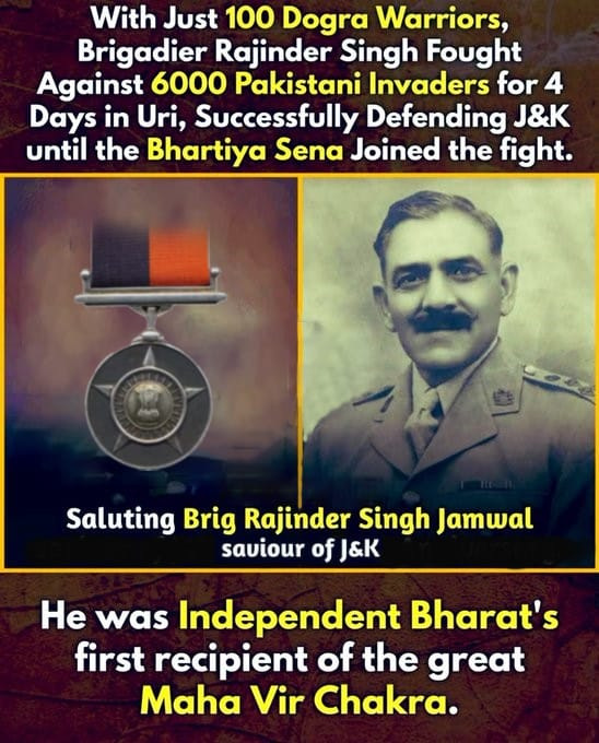 Harpree02146392's tweet photo. With just 100 Dogra Warriors Brig Rajinder Singh fought against 6000 Pak invaders &amp; successfully defended J&amp;K until the Bhartiya Sena joined the fight..

Salute &amp; much respect to this real life super-hero.

#ShauryaDiwas #TheShauryaDiwas https://t.co/OHnU7K7Vwj