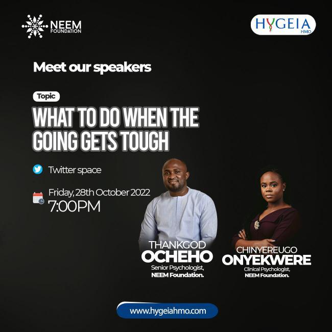 Neem Foundation (@neem_foundation) on Twitter photo Let's talk Mental Health.
This Friday on Twitter spaces we will be discussing "what to do when the going gets tough" with <a href="/HygeiaHMO_/">Docki from Hygeia</a>
Follow us and turn on post-notification so you don't miss it Let's talk Mental Health.
This Friday on Twitter spaces we will be discussing "what to do when the going gets tough" with <a href="/HygeiaHMO_/">Docki from Hygeia</a>
Follow us and turn on post-notification so you don't miss it