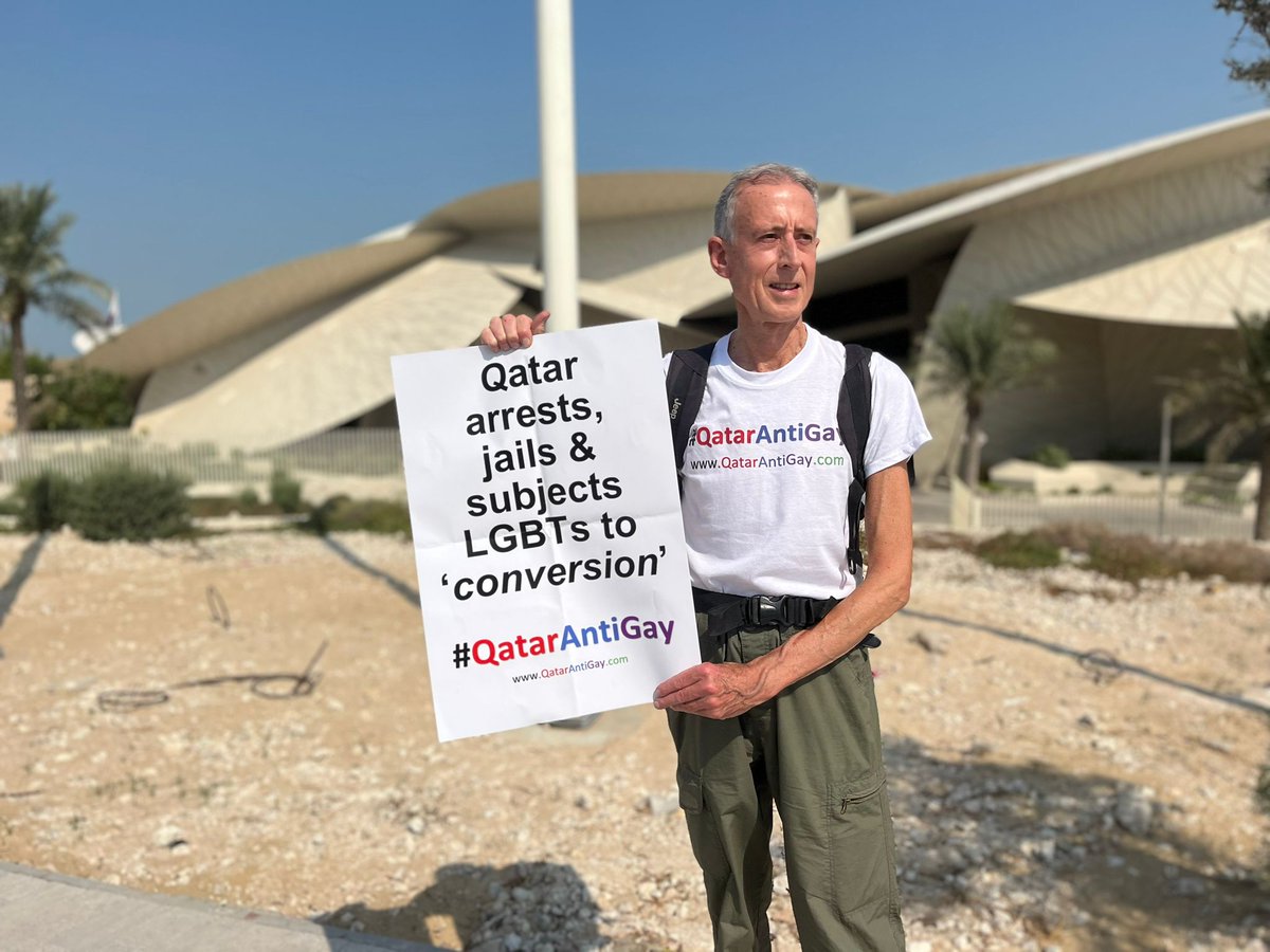 PT_Foundation's tweet photo. Busy few hours with the first ever LGBT+ protest in #Qatar ahead of the World Cup. Great service from the Danielle and the staff at the U.K. consulate.   Thank you.  @ukinqatar @FCDOGovUK https://t.co/mqx5heTud4