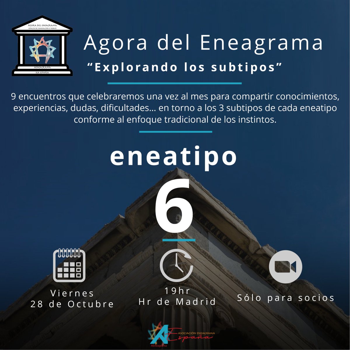 ¡Recuerda que este viernes 28 de octubre tienes una cita con nosotros en el próximo encuentro de Ágora! Reservado a asociados de AEneagrama, exploraremos los subtipos del eneatipo 6.
Para participar te invitamos a que te asocies: aeneagrama.es/inscripcion/
#Eneagrama
#eneatipos