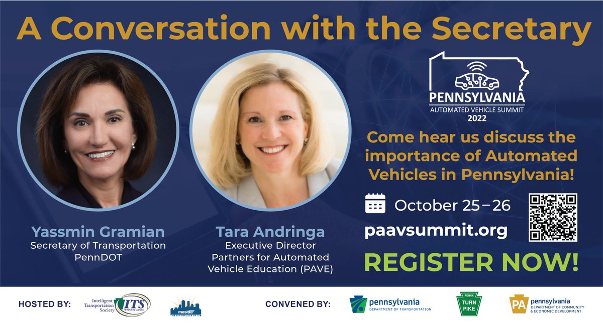 Partners for Automated Vehicle Education (@pavecampaign) on Twitter photo Happening Today: PAVE Exec Director <a href="/TaraAndringa/">Tara Andringa Dunfee</a> and <a href="/PennDOTSec/">PA Secretary of Transportation</a> Yassmin Gramian will lead off the #PAAVSummit with a fireside chat on AV engagement. Check out the all-star agenda: paavsummit.org/2022-summit/20… Happening Today: PAVE Exec Director <a href="/TaraAndringa/">Tara Andringa Dunfee</a> and <a href="/PennDOTSec/">PA Secretary of Transportation</a> Yassmin Gramian will lead off the #PAAVSummit with a fireside chat on AV engagement. Check out the all-star agenda: paavsummit.org/2022-summit/20…