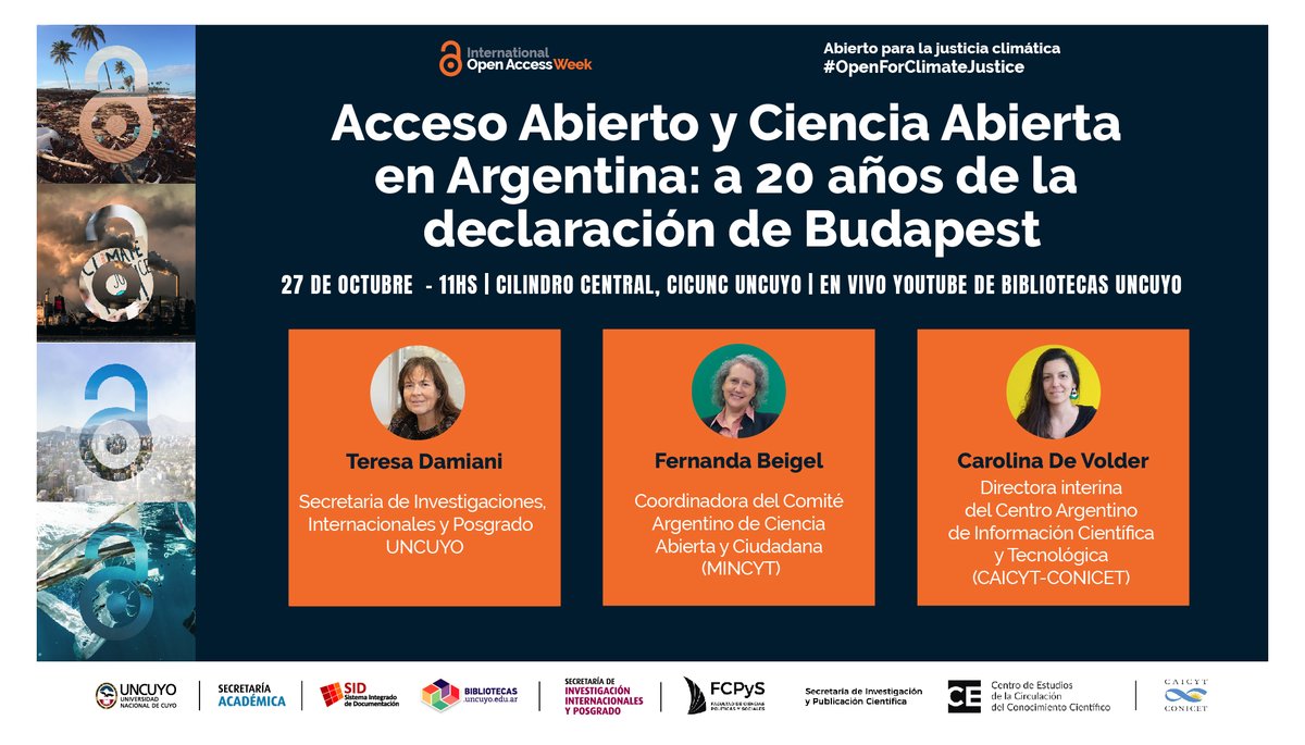 "Acceso Abierto y Ciencia Abierta en Argentina: a 20 años de la declaración de Budapest", un encuentro que se da en el marco de la Semana Internacional del Acceso Abierto 2022. 
Inscripciones en 👉cutt.ly/acceso-abierto…
#AccesoAbierto 
#openforclimatejustice 
#OAWeek2022