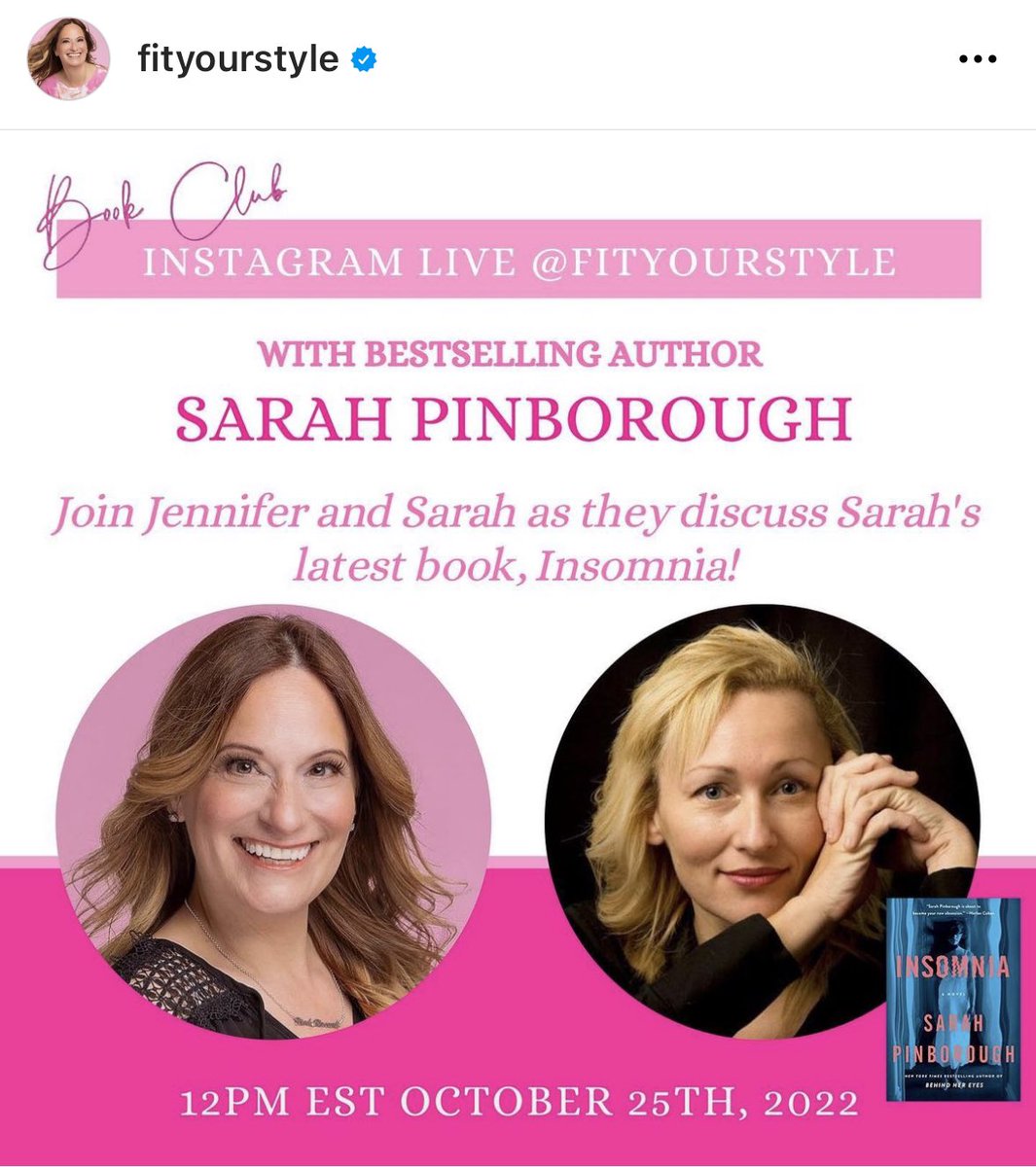 FitYourStyle's tweet photo. I am delighted to have NYT bestselling author, @SarahPinborough joining me on IG LIVE TODAY!
Join us at 12pm EST as we discuss Sarah’s latest novel, “Insomnia”!
#PinkDreamsInc #BookClub #SarahPinborough #Insomnia https://t.co/ZYydbisuS0