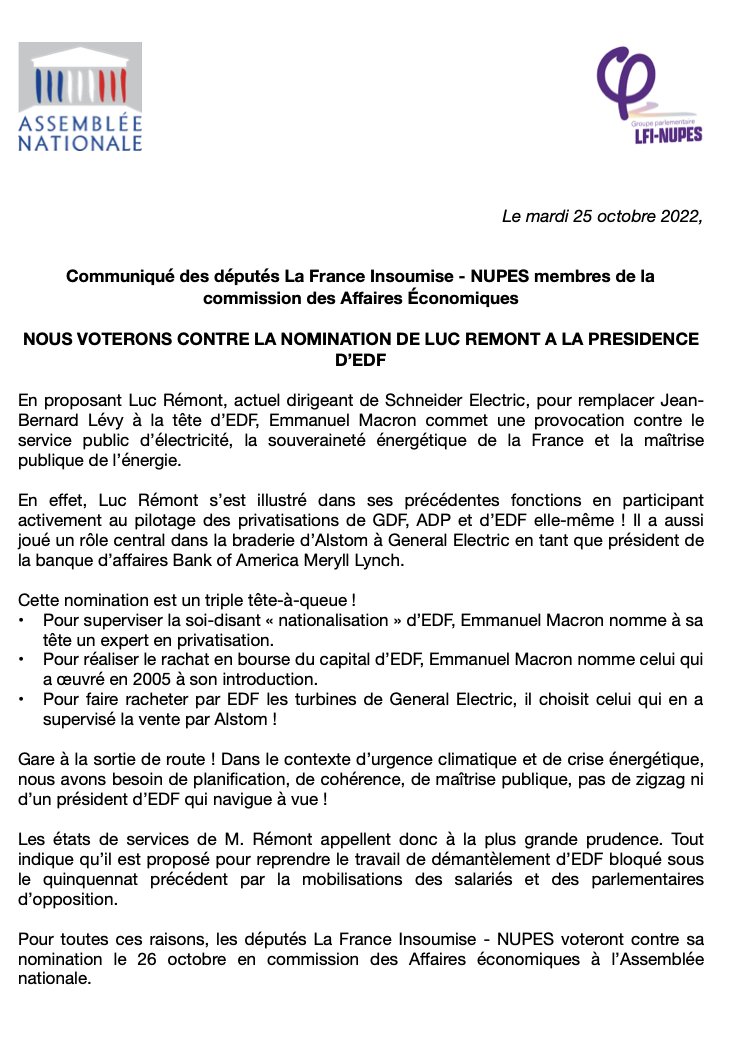 🔴❌ Nous voterons contre la nomination de Luc Rémont à la présidence d'#EDF. Celle-ci constitue une provocation contre le service public d'électricité. Retrouvez le communiqué des député•e•s LFI-NUPES membres de la commission des Affaires Économiques ⤵️