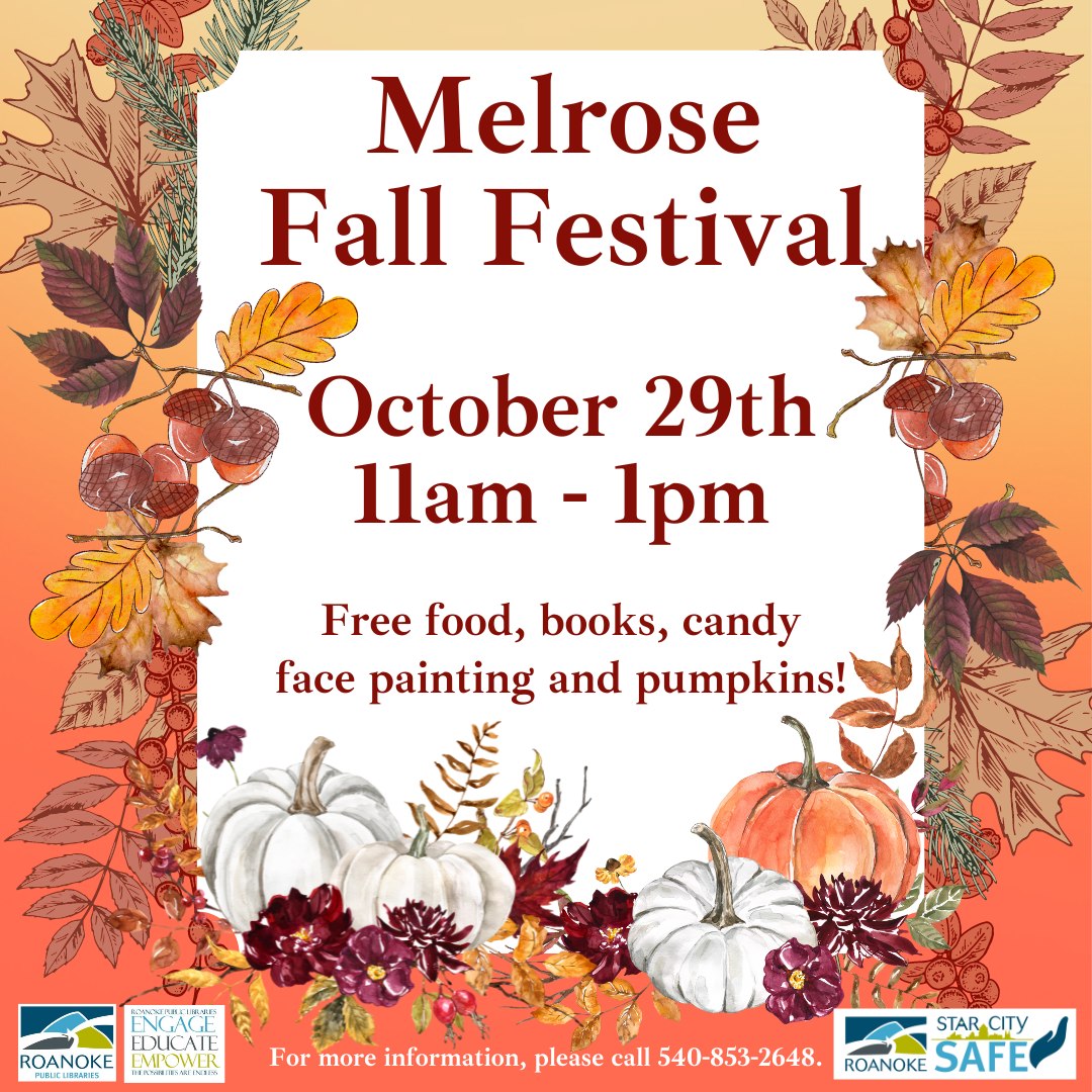 The Melrose Fall Festival is this Saturday!

Stop by the Melrose Branch Library between 11am - 1pm for tons of free family fun!