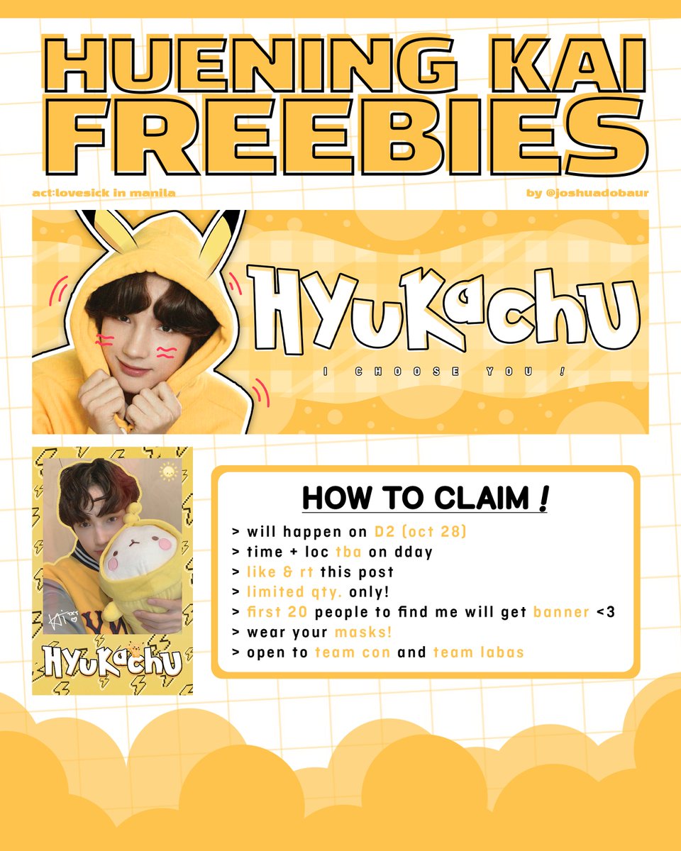 joshuadobaur's tweet photo. HYUKA, HYUKA, HYUKAAACHUUU !!

henlooo will be giving out pikachu-themed huening kai banners and polaroids on day 2 of act:ls mnl !! mechanics below <33

see you on dday !!

#ACTLOVESICKinMANILA #TXTInManila https://t.co/xo3O7lxsj4