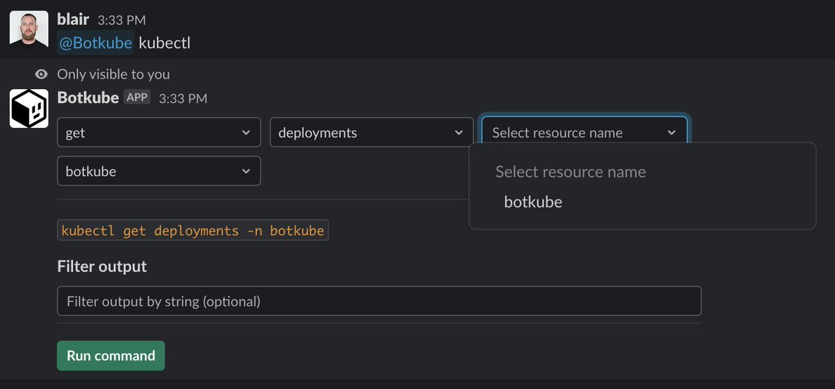 Botkube_io's tweet photo. We've released Botkube v0.15 -- with some great features aimed at developers who may not be #Kubernetes experts! 

It now has interactive #kubectl support, allowing users to choose from drop-downs based on desired actions.

Learn more in the release notes: https://t.co/h5JctQvq9X https://t.co/n1tGGsTQJX