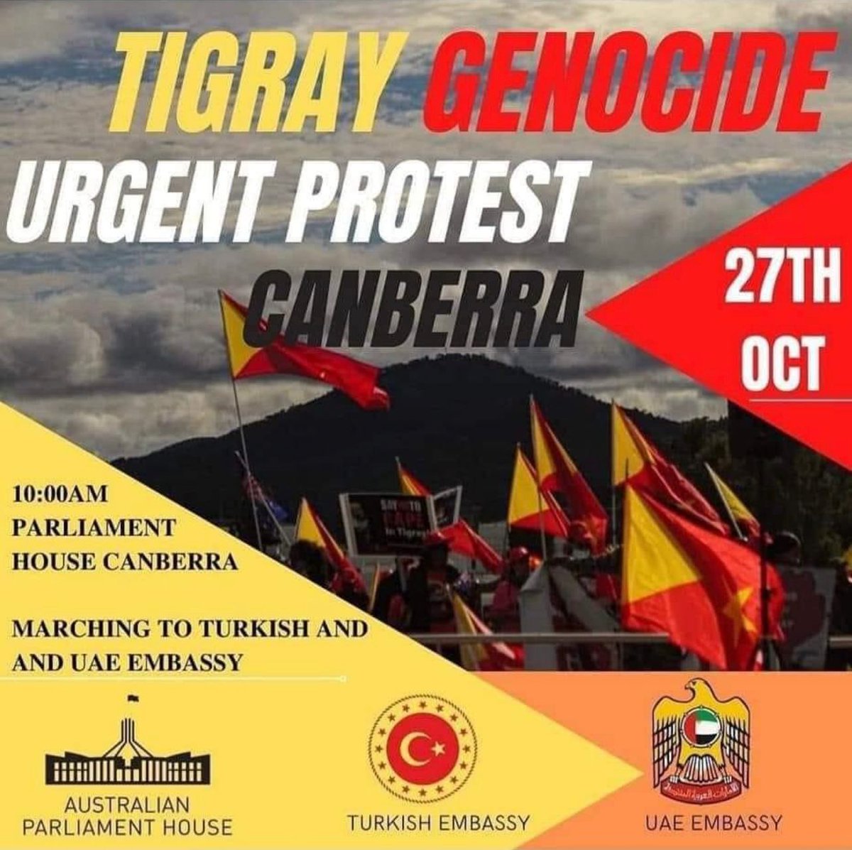 #Canberra #Australia 
Stand Up For #Tigray **Thursday!**

Please Come Down And Join Us At Our Peaceful Demonstration.

Be A #VoiceForTheVoiceless 📢

Please SHARE📢

#HumanitarianCrisis #TigrayGenocide 
@AlboMP @AusForeign @SkyNews @SBS @7NewsMelbourne @10NewsFirstSyd