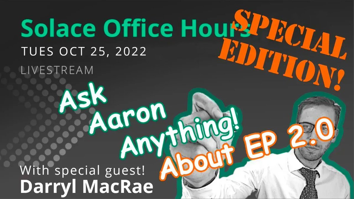 SolaceDevs's tweet photo. Don't forget to join @solacedotcom Developer Advocate @aaron_613 and special guest Darryl MacRae in 1️⃣ hour at 10 AM ET, TODAY for a special edition of Solace Office Hours on #pubsubplus Event Portal 2.0 GA. Post your questions and get more details at https://t.co/3YK2i9tqb5 https://t.co/IlajjXiLqp