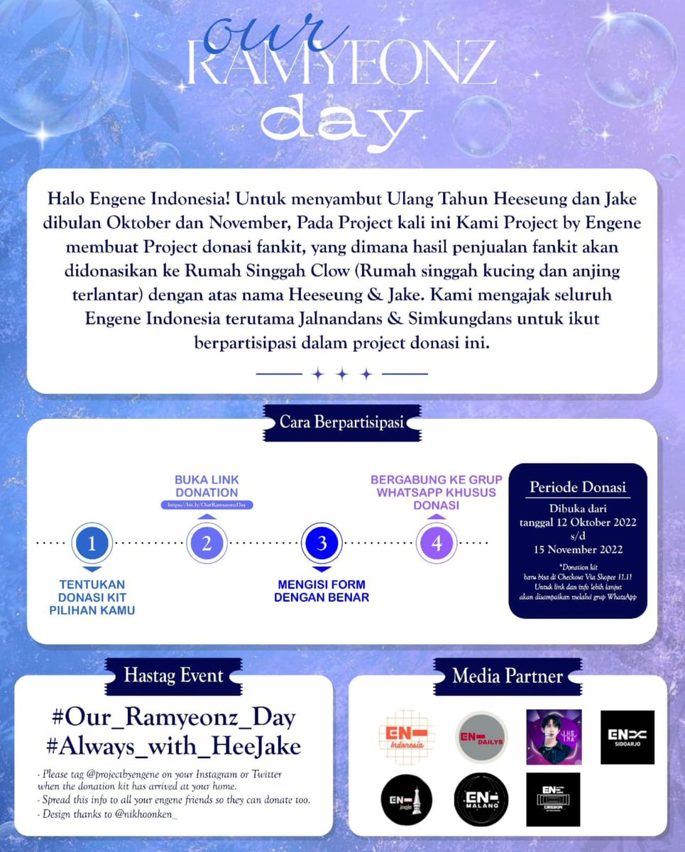 ENHYPEN_ID's tweet photo. [🦌🦮 Our Ramyeonz Day 🦮🦌]

Halo Engene yuk meriahkan Heeseung dan Jake Birthday sambil berdonasi untuk anabul jalanan yang terlantar!

🔗 https://t.co/f7Ikk0SOfC
🗓 12 Oktober-15 November 2022
🏫 Rumah Singgah Clow 
#HEESEUNG #JAKE #ENHYPEN #OurRamyeonzDay #Always_with_HeeJake https://t.co/oPsd3RYknL