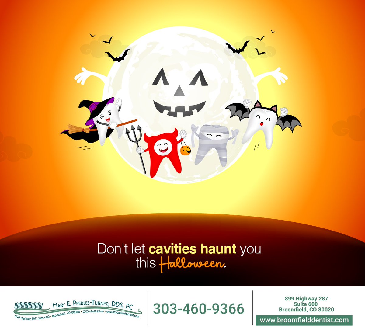 DrPeeblesTurner's tweet photo. Don't let the treats trick your teeth this spooky season. While there's nothing wrong with enjoying candy, too much sugar can lead to cavities. Be sure to brush and floss your teeth daily to maintain good oral health. #broomfield #CO #maryepeeblesturnerdds https://t.co/jxLdkq6Gu2