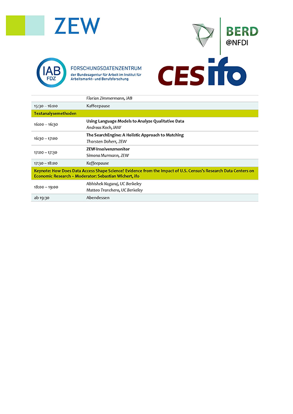 zew_en's tweet photo. Workshop on #BigData analyses and developments in research data centres (RDC) in Mannheim on 24/25 November 2022; organised by #ZEW, @ifo_Institut, @iab_news as well as associated RCD incl. @BERD_NFDI.
➡️ Registration &amp; the current programme for download: https://t.co/w4GvGNGivF https://t.co/U8z8N0sLLc