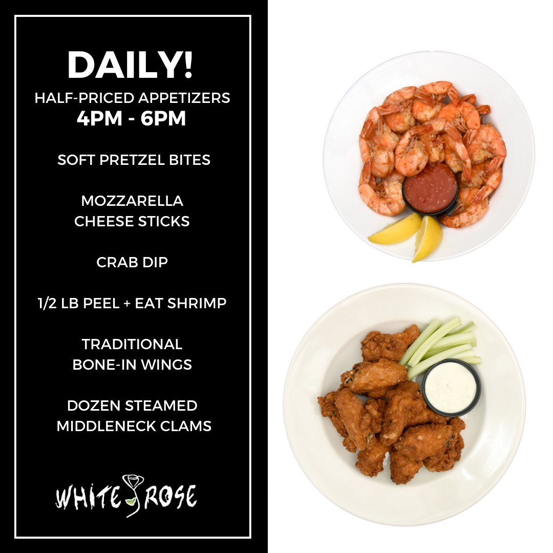 WhiteRoseBG's tweet photo. What pairs well with half-priced happy hour? Yep, you know it- half-priced appetizers! We'll see you at 4pm! https://t.co/c2BamF75be
