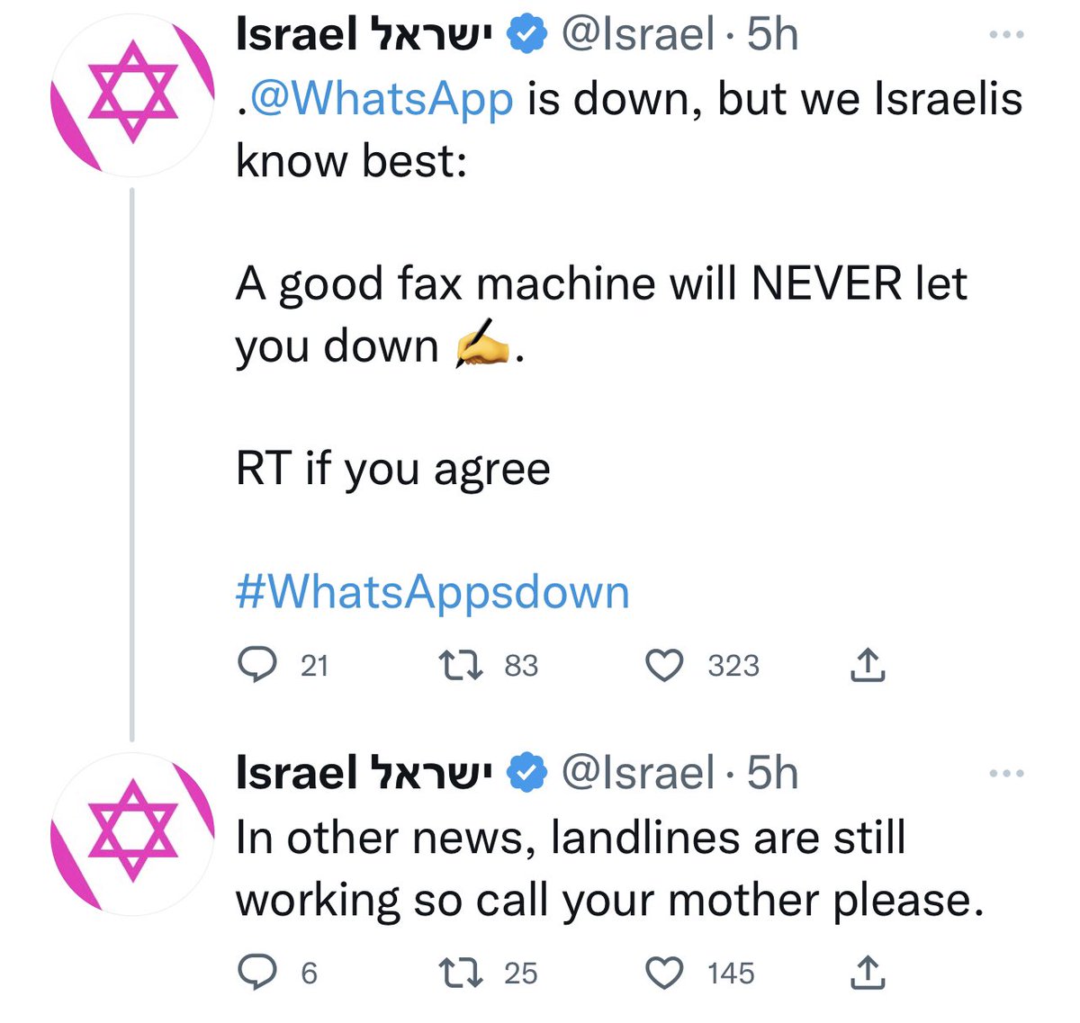 Doomscrolling on Twitter this morning and came across this from the official handle of <a href="/Israel/">Israel ישראל</a>. The rhythm of the humor is perfection. Thanks for the break!
