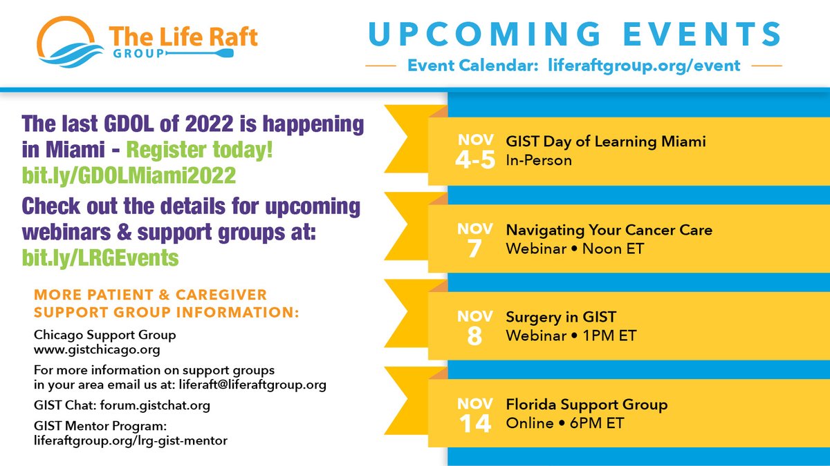 There's still time to register for our last in-person GDOL of the year - Miami - Nov. 4&5: bit.ly/MiamiGDOL and check out our upcoming webinars and online support groups: bit.ly/LRGEvents #lrgevents #gistdayoflearning #supportgroups #sarcoma