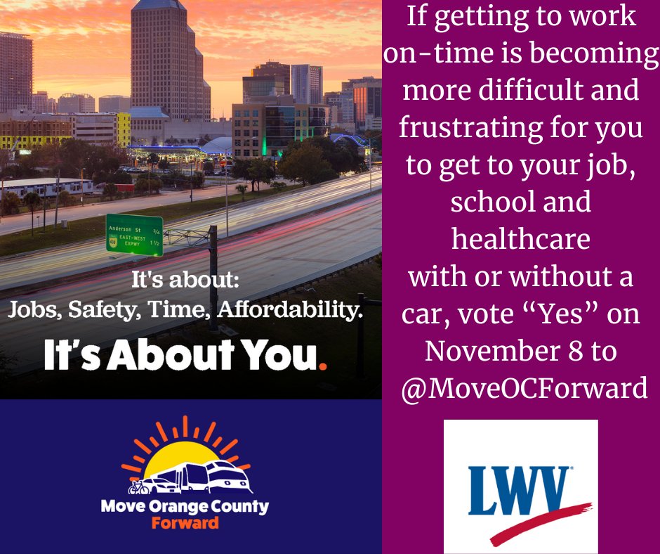LWVOC's tweet photo. Vote to #MoveOrangeCountyForward on November 8 – it’s
about a better quality of life for us all, because
transportation plays a role in our everyday lives.
#Votes4All #Voting #Transportation https://t.co/ZZiG0fLnFa