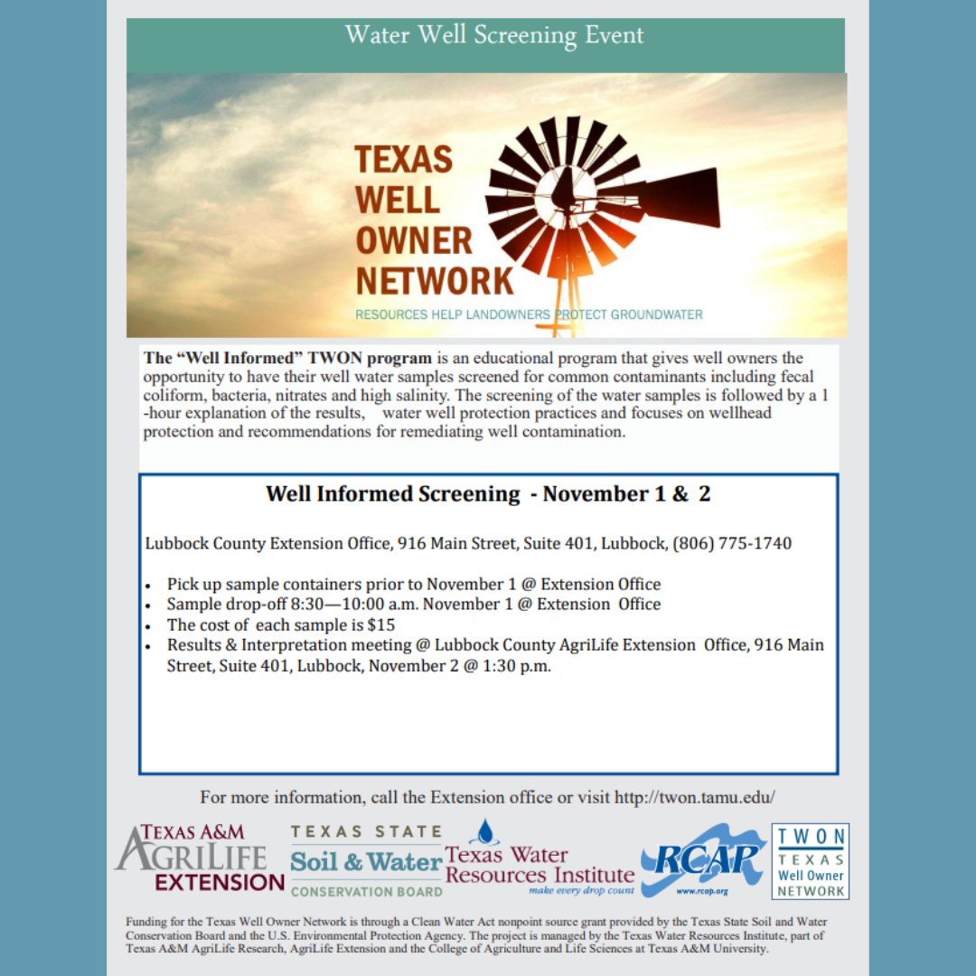 HPUWCD's tweet image. Do you know what's in the water coming out of your well? "Well Informed" TWON Program will show you. Read for more details or call Lubbock Co. AgriLife Extension Office at (806)775-1740. #WellInformed #TWON "wellhealth