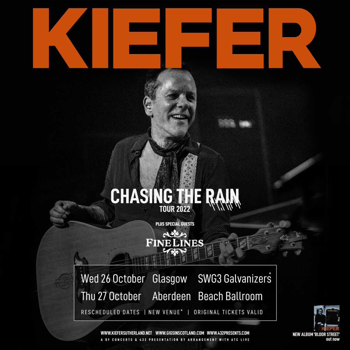 .@RealKiefer's Chasing The Rain tour comes to @SWG3glasgow and @beachballroom this week, with special guests @wearefinelines. Final tickets available here: gigss.co/kiefer-sutherl…