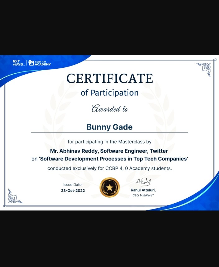 Bunnygade9's tweet photo. Hey Friends!!
I got on participate certificate
For the first time ❤️
#nxtwave #nxtwaveteam #rahulatthuluri
#teamnxtwave https://t.co/yxfV2Ob2Qp