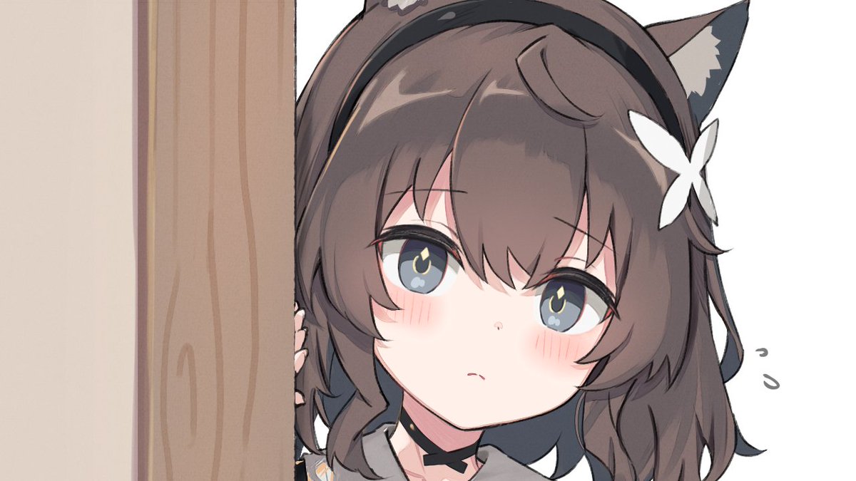 1girl animal ears cat ears peeking out brown hair solo hairband  illustration images